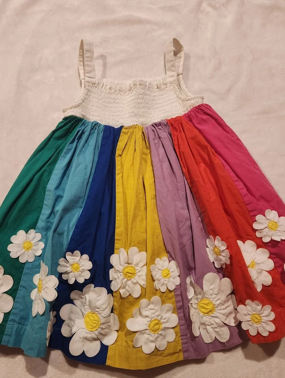 HTF Mini Boden White Smocked Top Rainbow Panel Dress with Daisy Appliqués